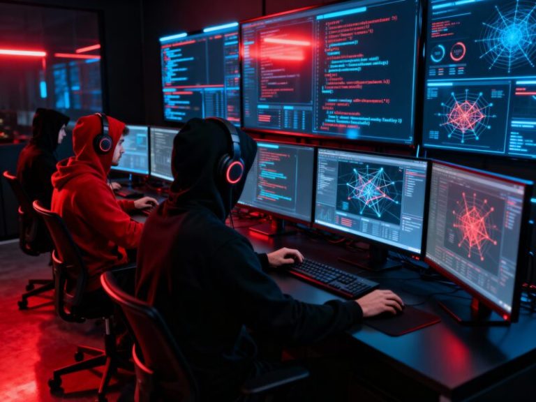 Editorial illustration of a business executive reviewing a digital identity breach alert on a laptop, with layered login credentials, employee profiles, and cybersecurity monitoring visuals in a modern office setting.