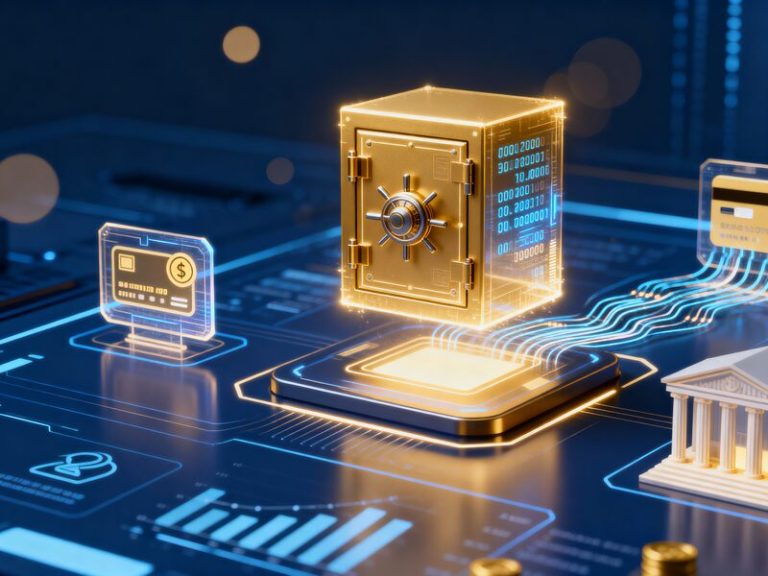 Editorial illustration of business leaders and security professionals reviewing data privacy requirements on digital dashboards, with compliance documents and protected data icons in a modern office setting.