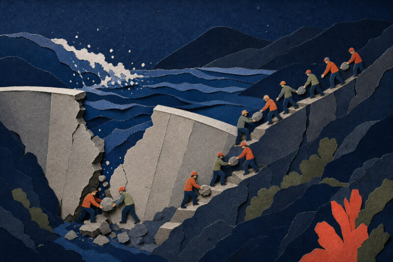 Abstract editorial art of workers repairing a cracked dam as water rises, with tiny teams passing stones to stop a costly flood