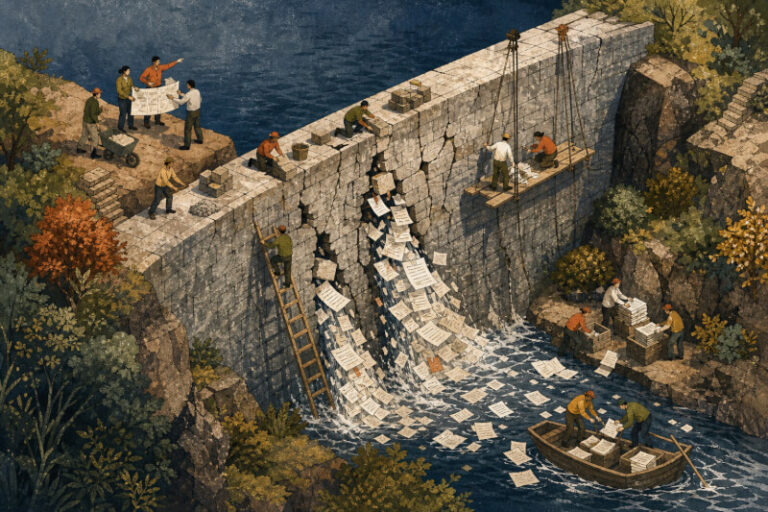 Hand-drawn isometric art of tiny workers repairing a cracked dam as papers spill through gaps, while managers coordinate to stop the flood