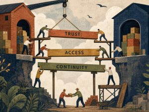 Abstract editorial art of tiny workers repairing a broken cargo bridge between warehouses, each beam labeled trust, access, and continuity