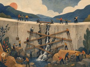 Abstract editorial art of workers bracing a cracked dam with beams as tiny teams coordinate repairs, symbolizing resilience under pressure