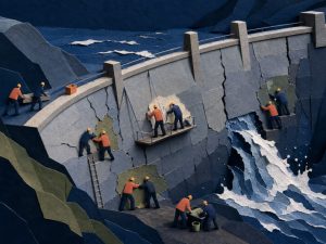 Hand-drawn isometric art of workers bracing a cracked dam wall as tiny teams seal gaps before water breaks through
